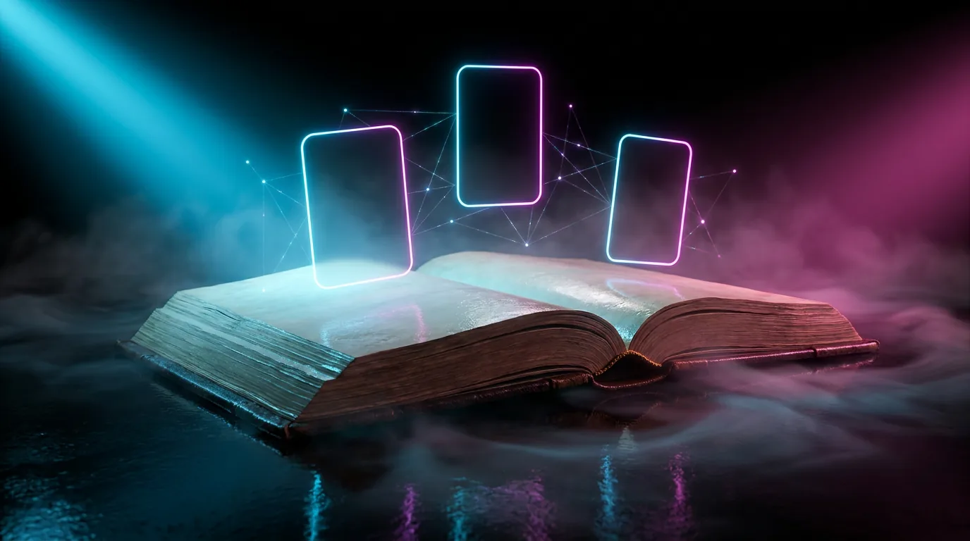 Open atlas with glowing trading-card silhouettes hovering above the pages, lit in cyan and magenta — PullMarket Learn hub