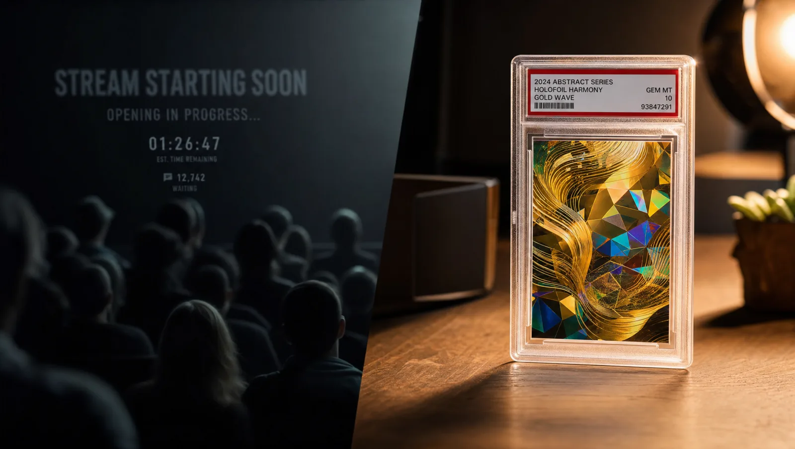 Split composition — left a tight desk shot of hands ripping a sealed booster pack with a graded slab beside it, right a desaturated laptop screen showing a generic live-stream chat to suggest the contrast between instant individual rip and spectator-only live break