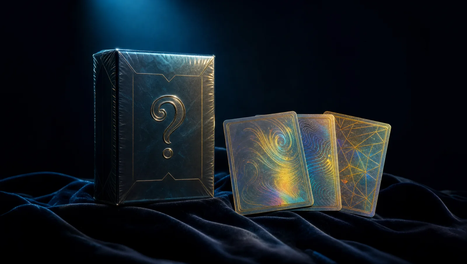 A single PSA-graded slab front-and-center on deep midnight-blue background with a printed odds-disclosure card beside it, museum-aesthetic, calm and clean