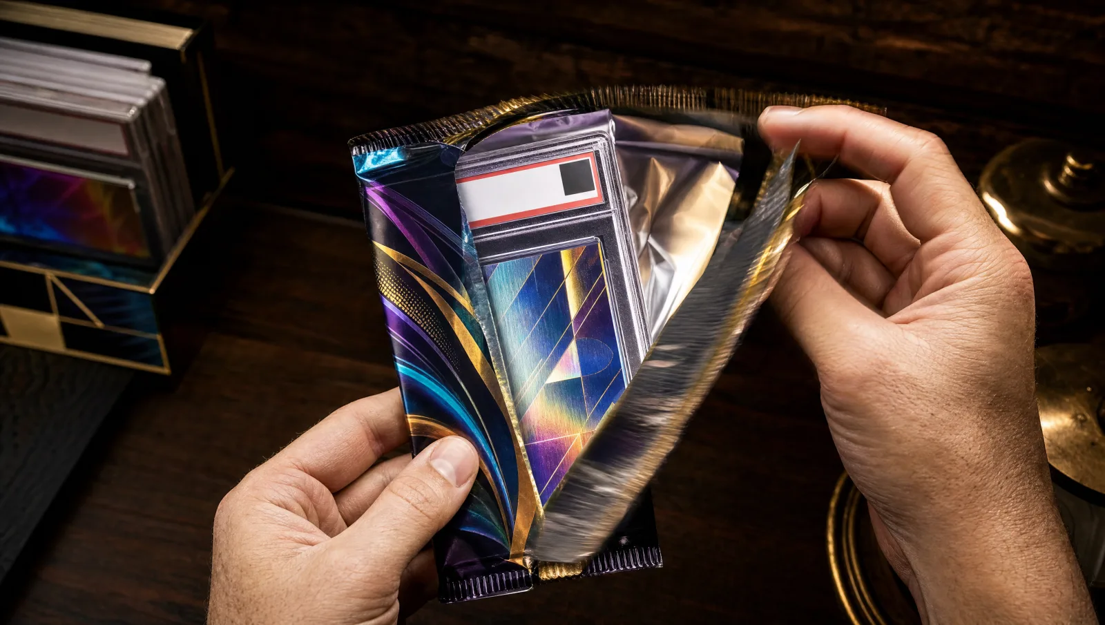 Split composition — left half a slabbed graded card surfacing inside a digital pack-tearing UI with cyan and purple gradient, right half the same slab physically on a desk with the cert window legible