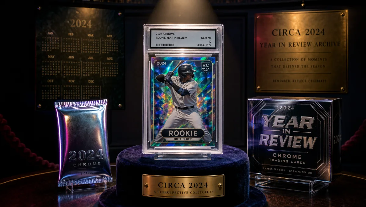 A chrome refractor card slab on a velvet pedestal beside a chrome-finish 2024 booster pack and a 'Year in Review' hobby box, lit by museum-style spotlights — 2024 Topps Chrome year-in-review retrospective display