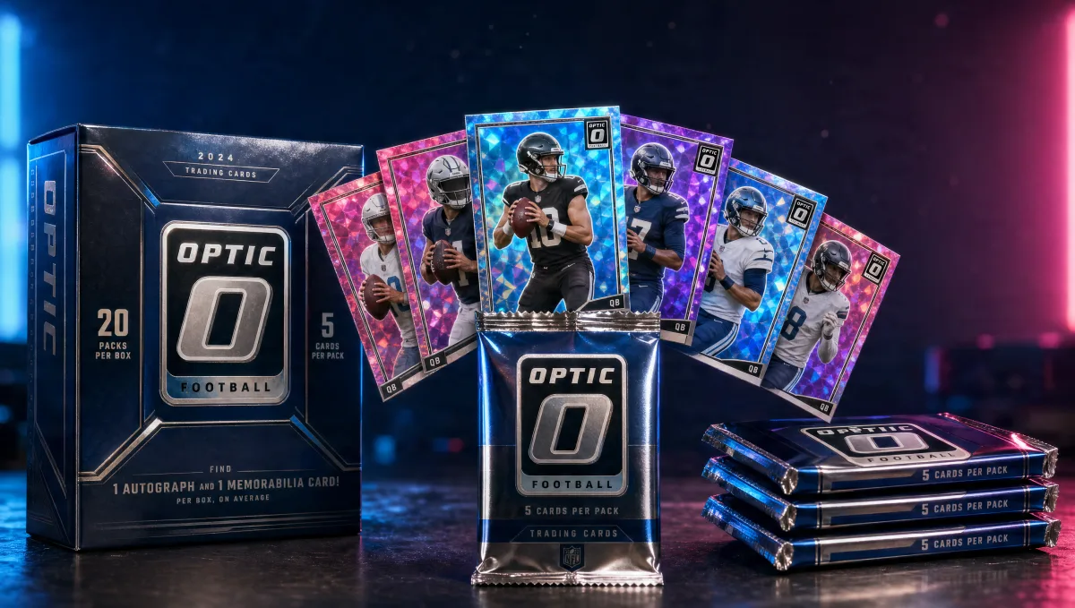 A chrome-finish 2025 Donruss Optic Football booster pack opened with five holographic rainbow-refractor cards fanned out above a hobby box and three more unopened packs — the last fully-licensed Panini Optic Football product
