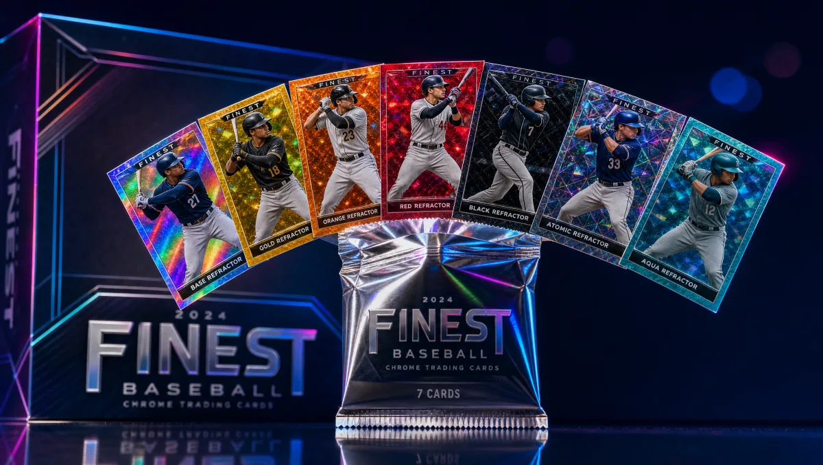 A chrome booster pack with seven different refractor color variants (base, gold, orange, red, black, atomic geometric, aqua) fanned out above a 'FINEST' premium hobby box — 2025 Topps Finest refractor variety display