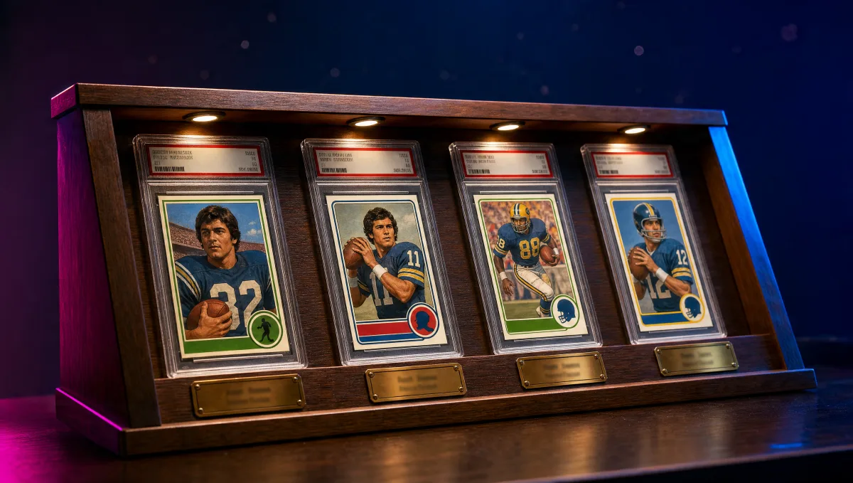 A wooden museum-style display case holding four graded vintage football trading card slabs spanning 1976-1986 — original portrait illustrations of fictional players in 1970s-1980s NFL-style uniforms representing the Payton/Montana/Rice/Young HOF quartet lineage