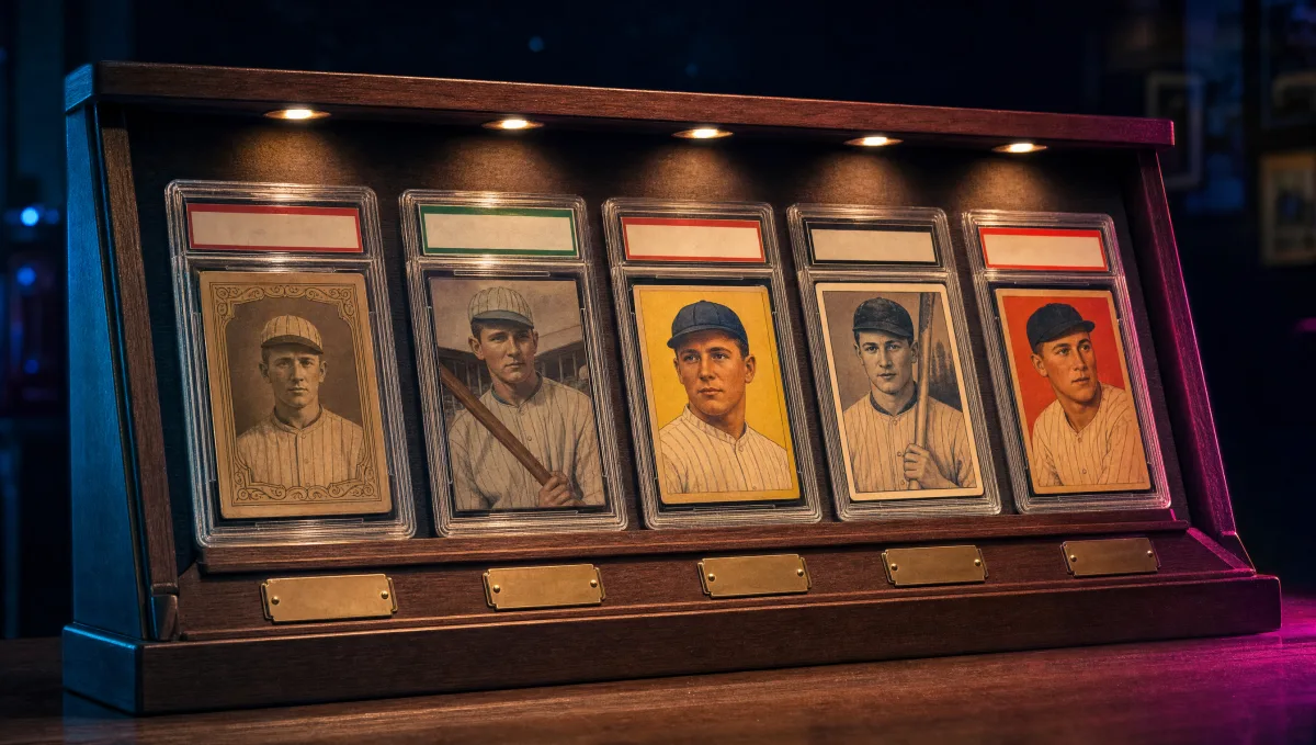 A wooden museum-style display case holding five sepia-toned graded pre-war baseball card slabs from the 1909 tobacco era through 1948, with original portrait illustrations of a fictional 1920s-1930s player in pinstripe wool uniform — Babe Ruth pre-war card lineage display