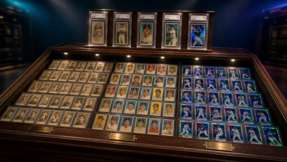 An encyclopedic library display of baseball trading cards spanning 130 years of the hobby — chronologically arranged from sepia 1909-style tobacco-era portraits, through 1950s gum-card portraits, to modern 2020s chrome refractor cards, with five graded chase-card slabs highlighted above