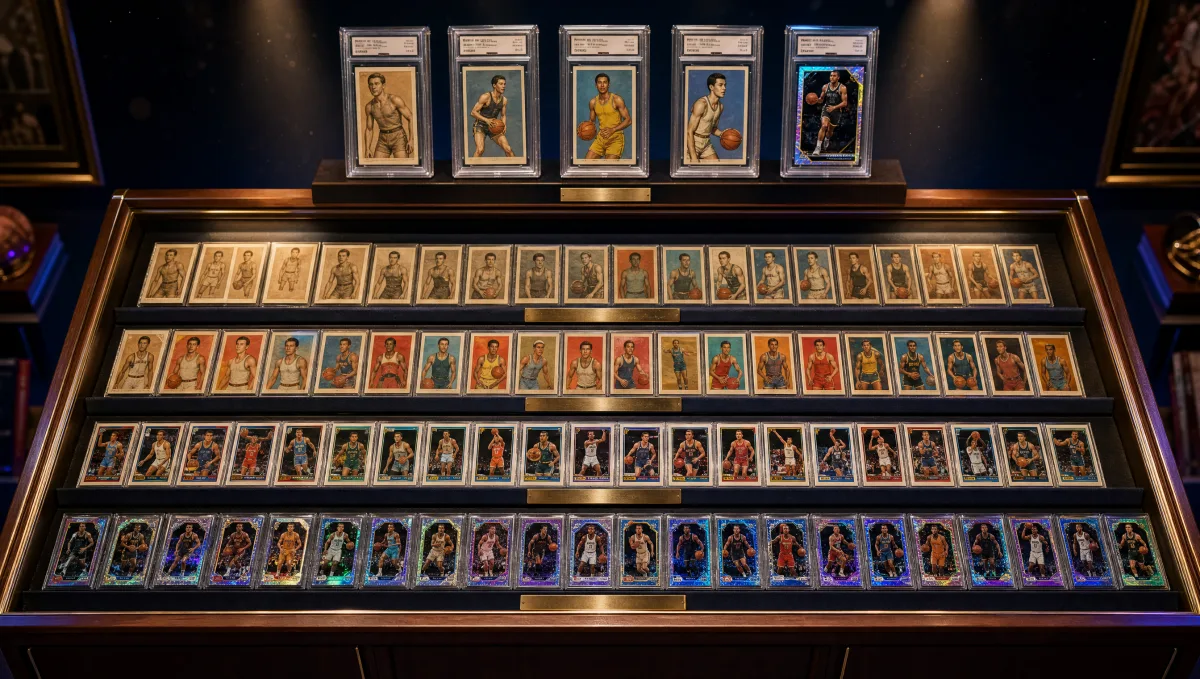 An encyclopedic library display of basketball trading cards spanning 80 years of the hobby — chronologically arranged from sepia 1940s Bowman-style portraits, through 1960s-1970s Topps colorful gum-card portraits and 1980s Topps/Fleer-era photos, to modern chrome Prizm-style refractor cards, with five graded chase-card slabs highlighted above