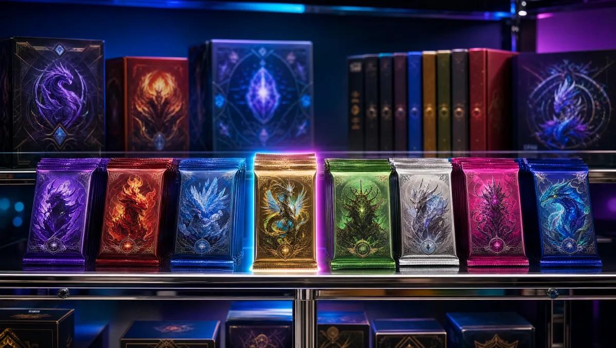 A glass-and-chrome retail shelf with eight stacks of modern trading card booster packs in varied colored wrappers like a tasting flight, one central stack highlighted with brand-gradient rim light — buyer's guide comparison display
