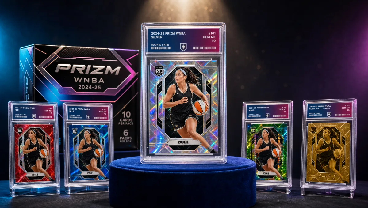 A graded chrome refractor 2024-25 Prizm WNBA rookie card slab on a velvet pedestal surrounded by four smaller parallel-variant graded slabs and a chrome-foil hobby box — Caitlin Clark WNBA rookie display