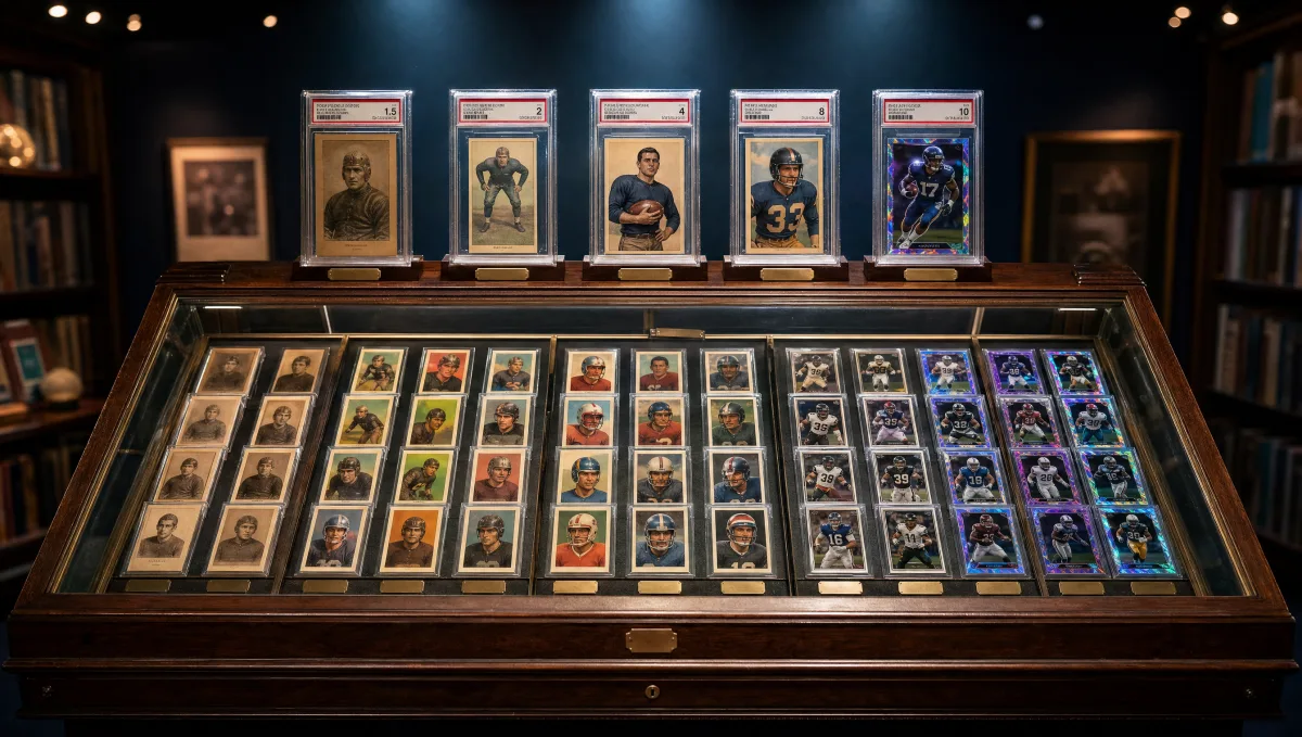 An encyclopedic library display of football trading cards spanning 130 years of the hobby — chronologically arranged from sepia 1894-style cabinet cuts and 1933 Goudey-era portraits, through 1950s Bowman single-bar-helmet portraits and 1980s Topps action photography, to modern chrome Prizm-style refractor cards, with five graded chase-card slabs highlighted above