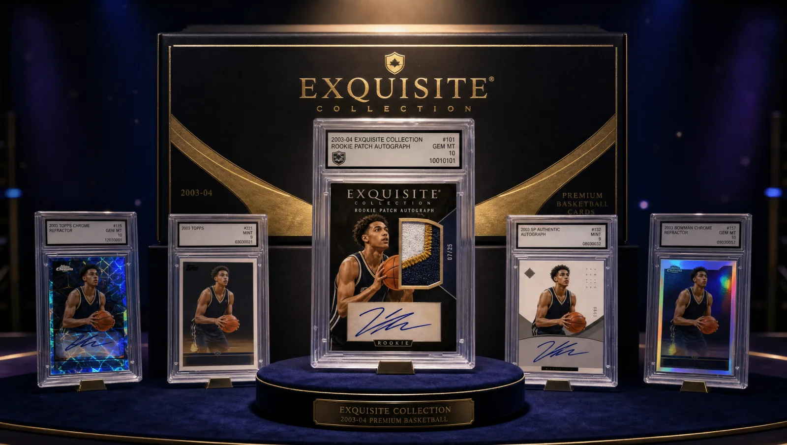 A thick acrylic-cased premium 2003-era basketball rookie patch autograph card slab on a velvet pedestal beside four parallel-variant graded slabs and a chrome-foil 'EXQUISITE COLLECTION' hobby box — LeBron James 2003-04 rookie-grail display