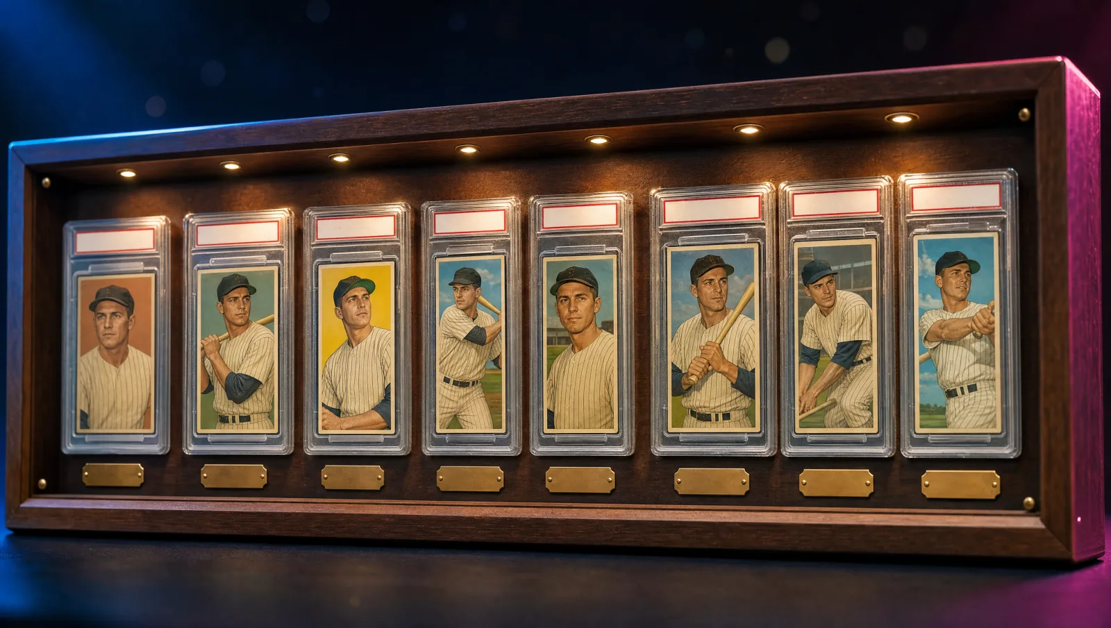 A chronological wooden display case holding eight graded vintage baseball card slabs from 1951 Bowman through 1969 Topps, featuring original portrait illustrations of a fictional 1950s-1960s player in generic pinstripe uniform — Mickey Mantle career-lineage archival display