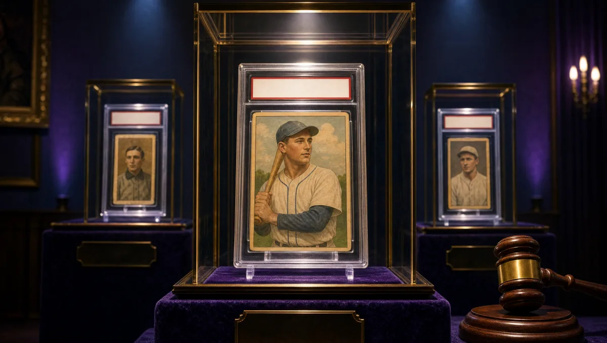 A vintage graded baseball card slab on a velvet pedestal under a dramatic spotlight, with two more vintage slabs and an auctioneer's gavel out of focus — luxury auction-house display of the most valuable baseball cards ever sold