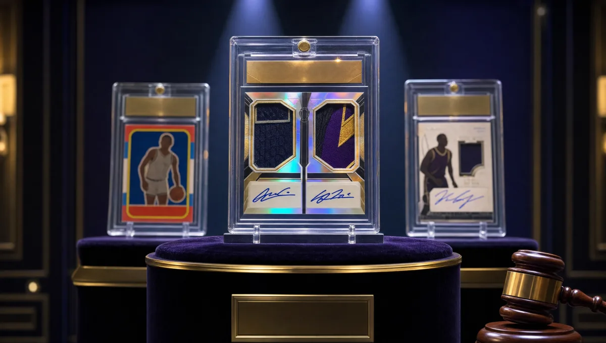 A vintage graded basketball card slab on a velvet pedestal under a dramatic spotlight, with two more vintage slabs and an auctioneer's gavel out of focus — luxury auction-house display of the most valuable basketball cards ever sold