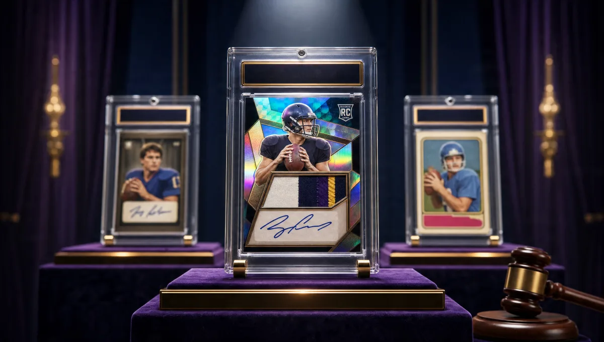 A vintage graded football card slab on a velvet pedestal under a dramatic spotlight, with two more vintage slabs and an auctioneer's gavel out of focus — luxury auction-house display of the most valuable football cards ever sold