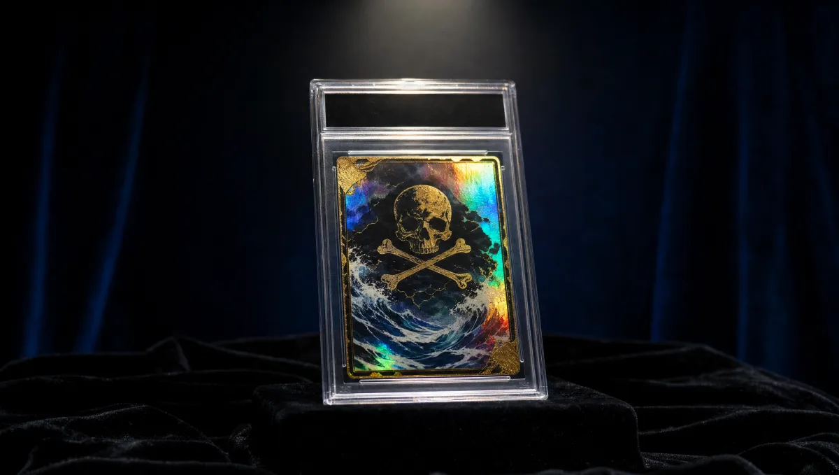 A graded One Piece TCG slab on a velvet pedestal under dramatic auction-house lighting, with two more graded One Piece card slabs and an auctioneer's gavel out of focus — luxury display of the most expensive One Piece cards ever sold