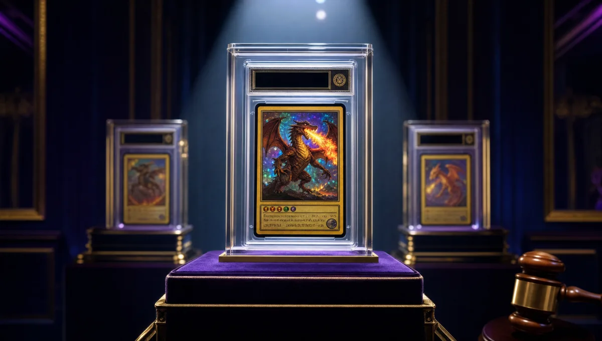 A luxury auction-house display: a single ultra-rare graded trading card slab in a transparent case on a velvet pedestal, lit by a dramatic spotlight — illustrating the most expensive Pokémon cards ever sold