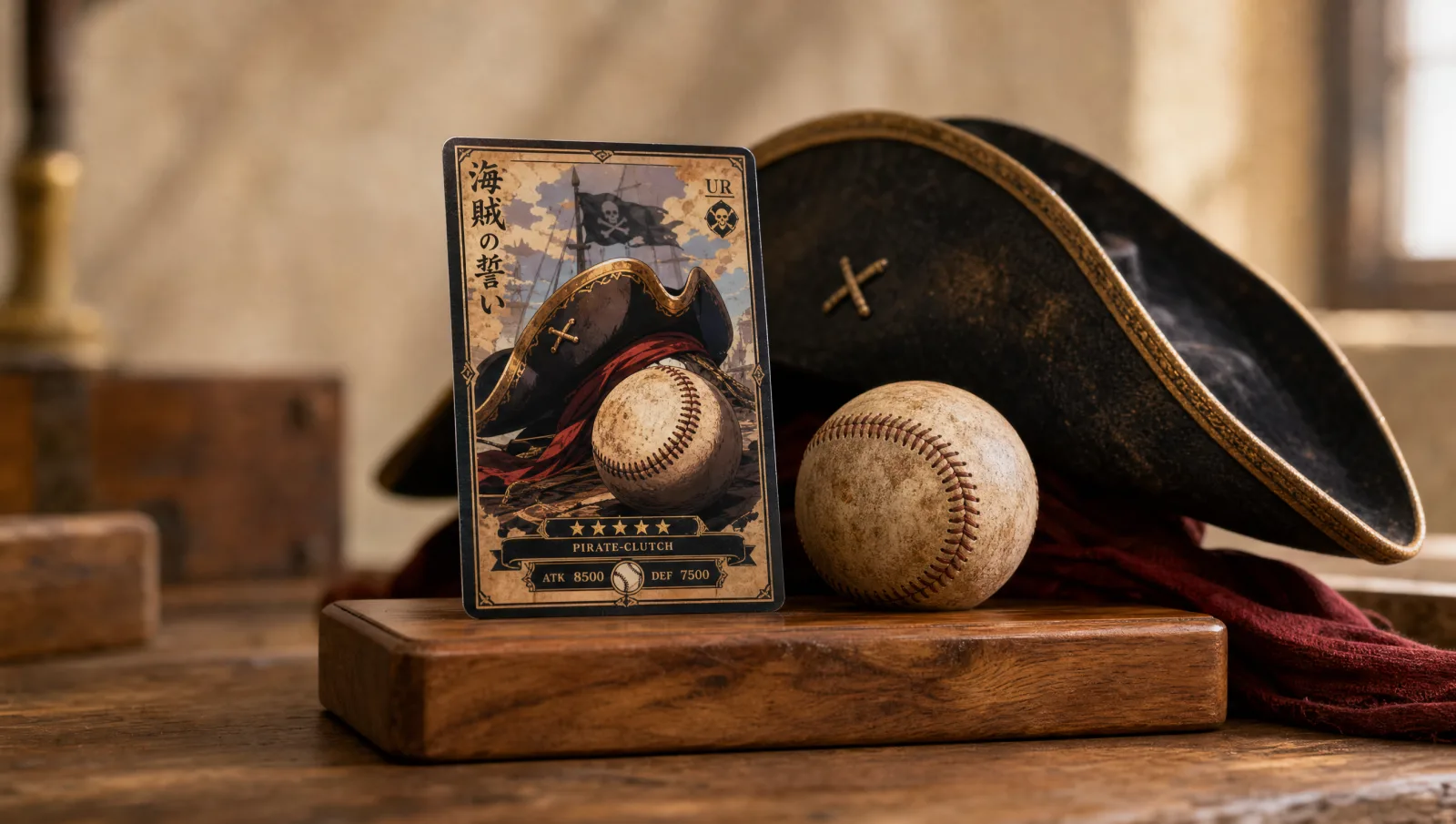 A Dodgers-blue and One Piece-red composite card display: a graded Bandai-printed Monkey D. Luffy promo trading card in a Dodgers jersey and cap, slabbed beside a co-branded Dodgers x One Piece straw hat on a velvet pedestal — EB02-010 Dodgers Luffy crossover grail