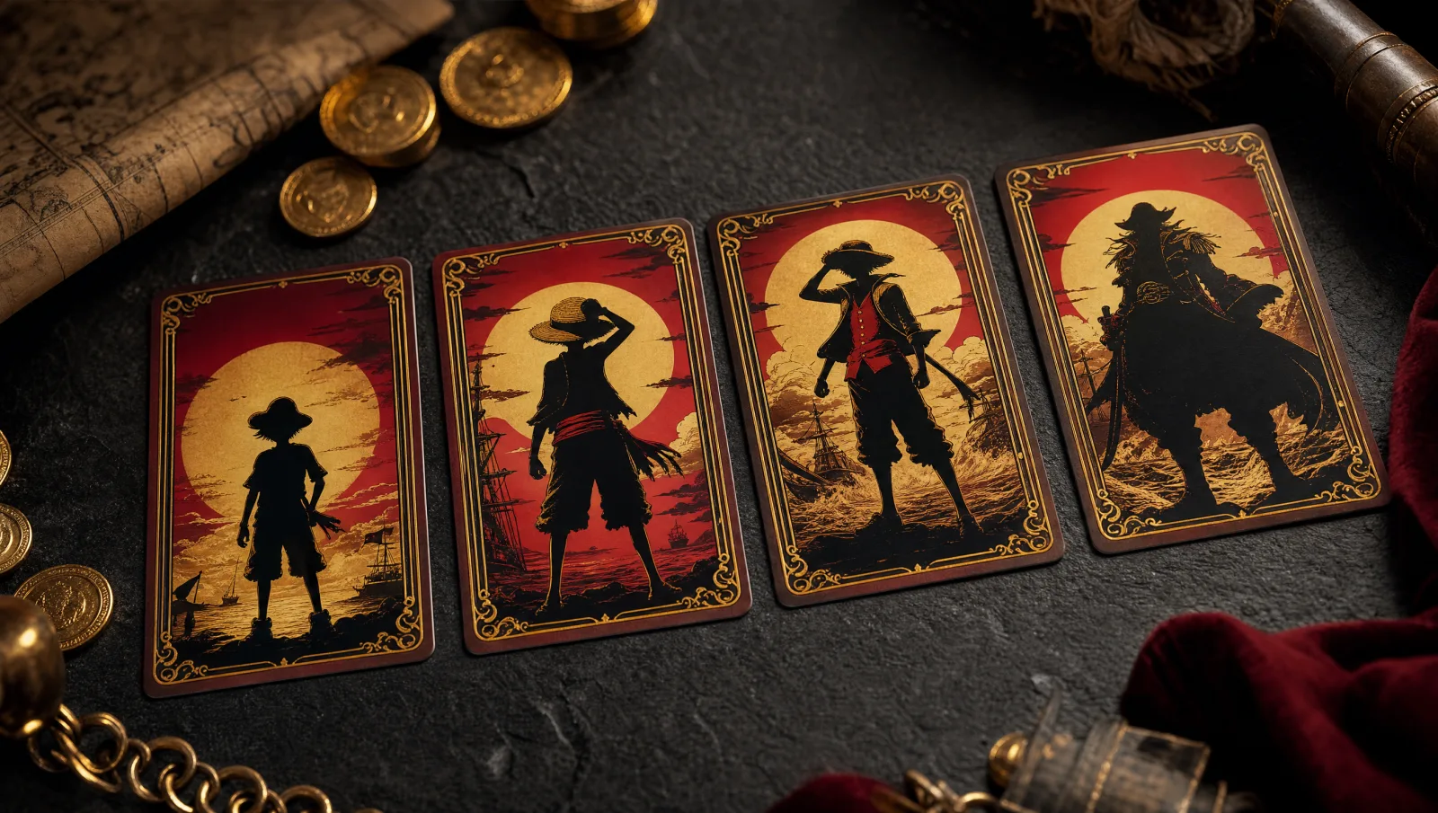 A chronological collage of Monkey D. Luffy One Piece Card Game printings from 2022 ST-01 to 2026 P-001 World Championship Gold