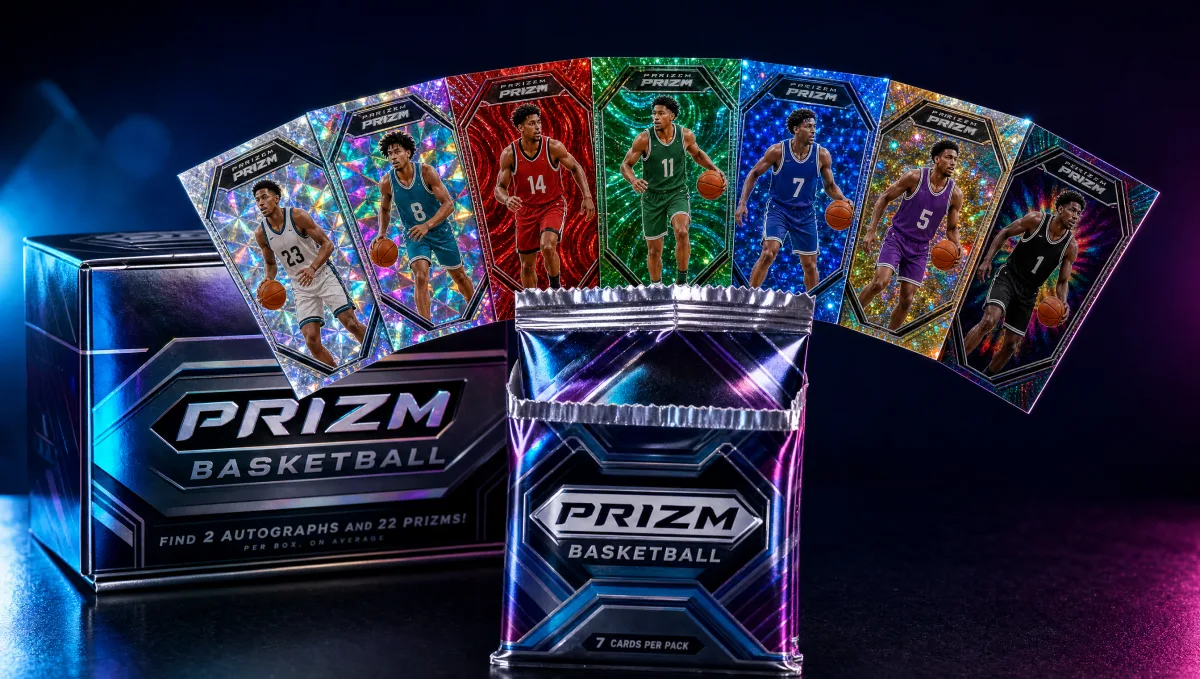 A chrome booster pack with seven different refractor color variants (silver, hyper, red wave, green pulsar, blue disco, mojo, tie-dye) fanned out above a PRIZM BASKETBALL hobby box — Panini Prizm Basketball refractor variety display