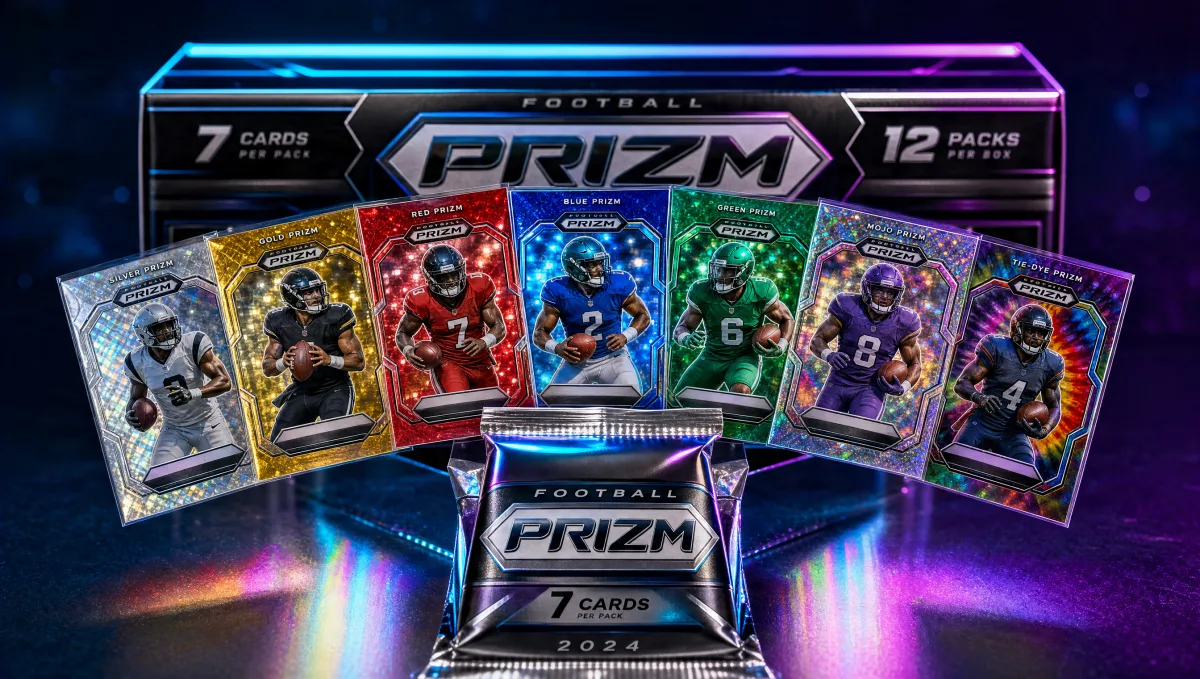 A chrome booster pack with seven different refractor color variants (silver, gold, red, blue, green, mojo, tie-dye) fanned out above a PRIZM-branded hobby box — 2025 Panini Prizm Football refractor variety display