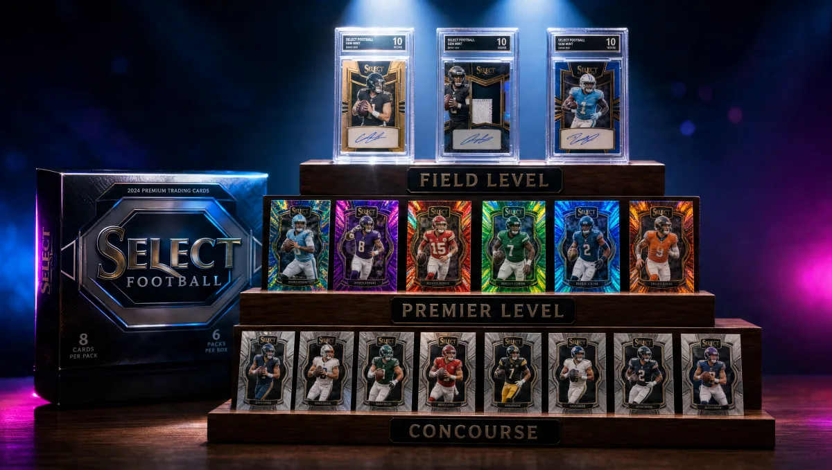A tiered wooden display shelf with three rows of chrome football cards labeled Concourse, Premier Level, and Field Level — Panini Select Football's five-tier base set structure