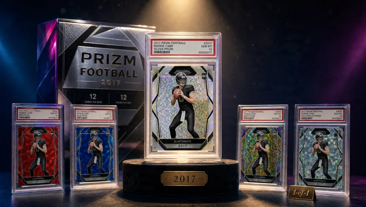 A graded acrylic-cased 2017-era chrome refractor rookie card slab on a velvet pedestal, surrounded by four smaller graded slabs showing parallel color variants — Patrick Mahomes 2017 Panini Prizm rookie card display