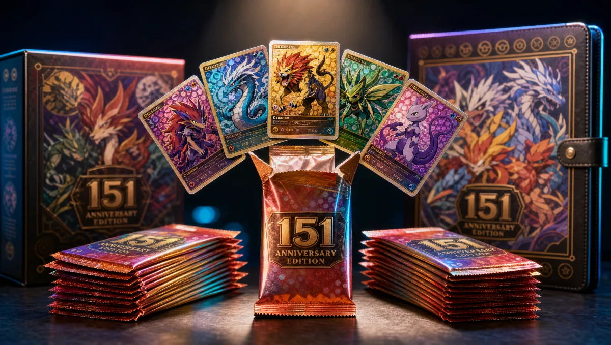 Anniversary trading card pack product family: an open booster pack with five holographic cards fanned out, flanked by stacks of unopened red-orange retro-style boosters with embossed 151 numerals, lit warm with cyan and magenta rim light