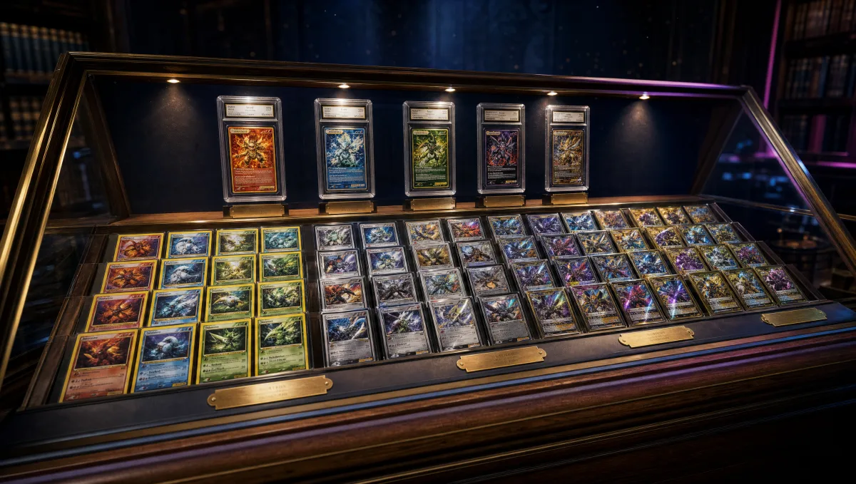 An encyclopedic library display of trading cards spanning every era of a 25-year-old monster-collecting card game — arranged chronologically left-to-right from vintage 1999-style yellow-bordered cards through silver-bordered late-2000s EX-era cards to modern gold-and-chrome holographic Mega Evolution-style cards, with five graded chase-card slabs highlighted above