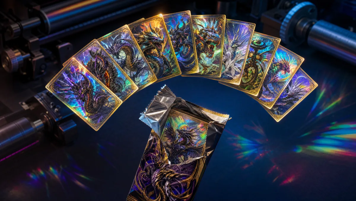 A single booster pack mid-tear with ten gold-chromed-border holographic cards spilling out in a graceful arc against a deep navy background — illustrating a Pokémon god pack as a print-line anomaly, not a jackpot