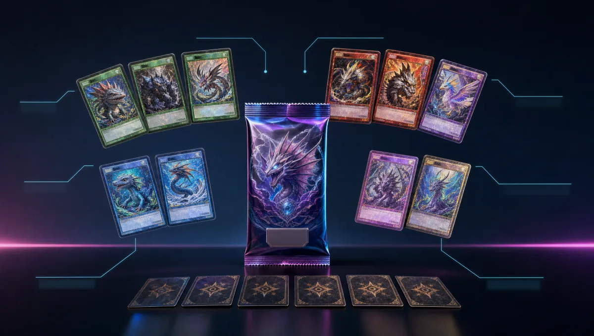 An exploded technical-diagram view of a trading card booster pack: ten cards floating around the central pack in an arc, each sorted by rarity tier with thin cyan label lines connecting them — illustrating pack pull-rate transparency