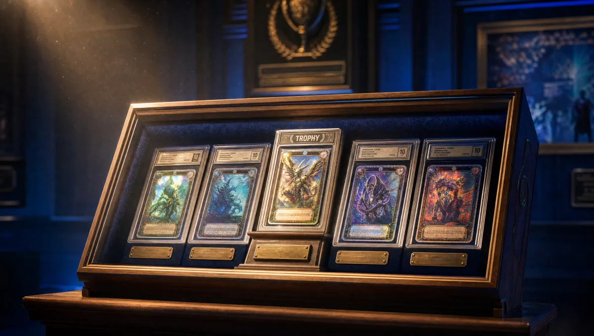 A wooden museum-style trophy case displaying five rare graded Pokémon-style trading cards in a fan layout under a warm spotlight — a curated archival presentation of the world's rarest cards