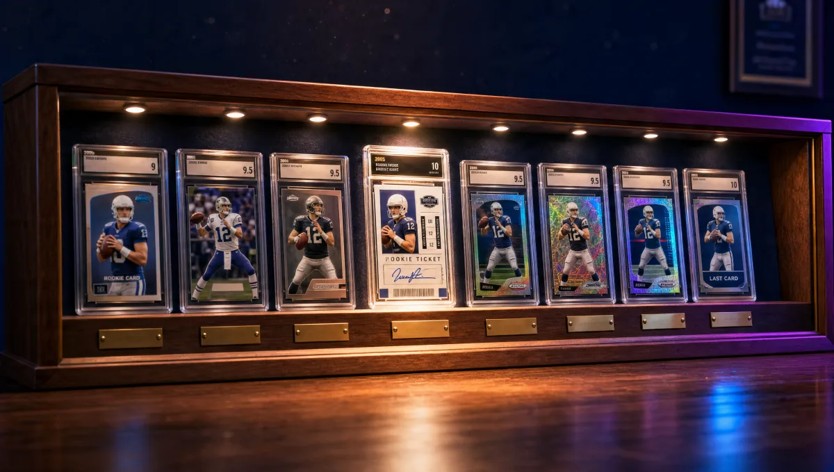 A wooden museum-style display case holding eight graded football trading card slabs spanning a 20-year quarterback career from a 2000-Bowman-Chrome-style RC through 2022 inserts — Tom Brady career-lineage archival display
