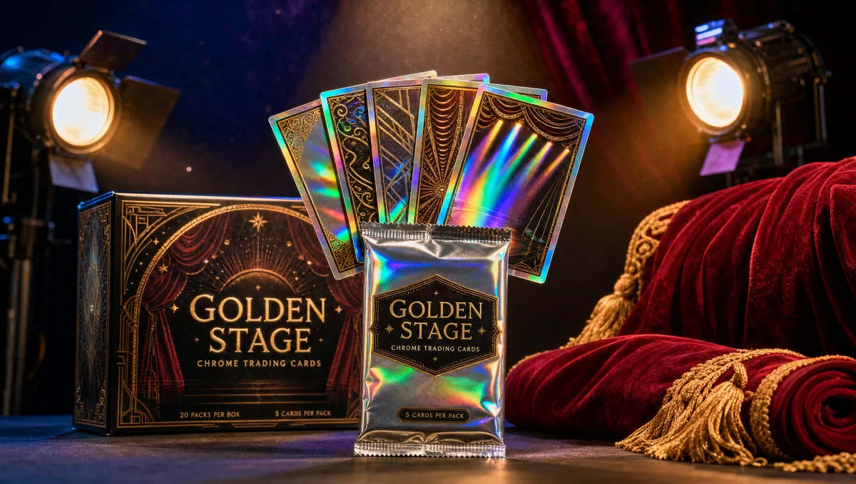 A premium chrome trading card pack and refractor cards with art-deco gold-filigree patterns instead of character art, set against deep-red theater curtain props and warm theatrical spotlights — Topps Chrome Disney 2025 entertainment-crossover showcase