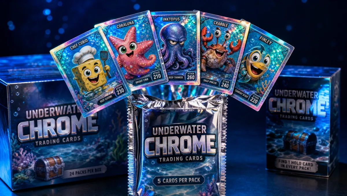 A chrome-finish booster pack opened with five rainbow-refractor cards featuring original underwater cartoon mascot art on a blue-water background — Topps Chrome SpongeBob hobby crossover display