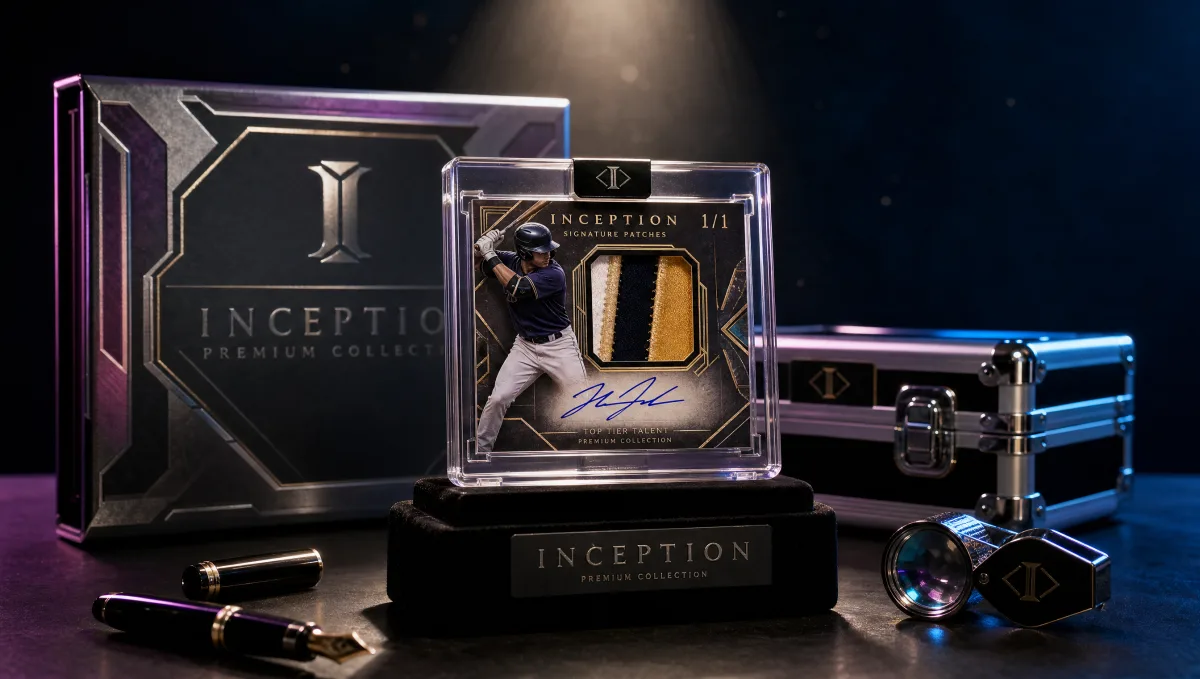 A premium acrylic-cased trading card slab with on-card autograph and patch elements on a velvet pedestal, beside a magnifying loupe, fountain pen, and chrome-foil premium hobby box — Topps Inception luxury single-hit product display